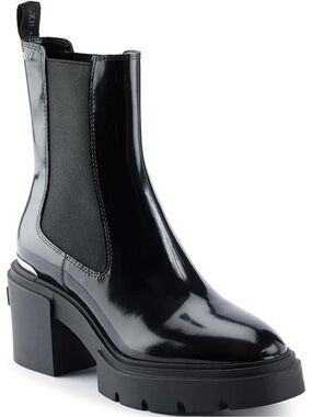 DKNY Thana Platform Chelsea Ankle Boot Black Leather Logo Rubber Sole Heel 6